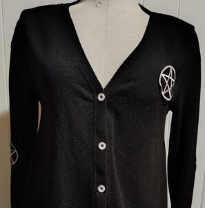 Spirit Halloween M Black Cardigan with White Embroidery Pentagram Patch